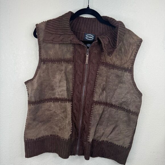 Designers Studio Women's Brown Suede & Knit‎ Vest XL Full Zip Casual - Picture 1 of 13